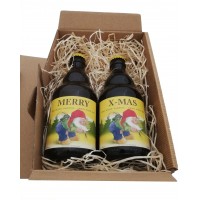 Kerstpakket La Chouffe:  'Merry X-mas' in een doosje met kerstboom venster